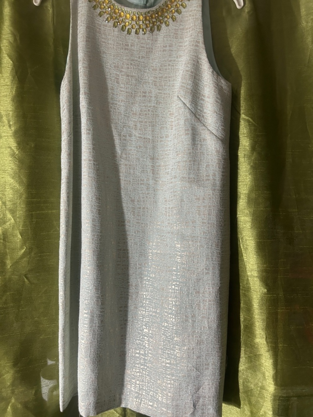 Maggy London Pale Blue Shift Dress with Gold Beaded Neckline - Picture 2 of 7